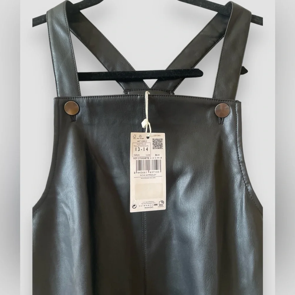 MNG by Mango Kids Faux Leather Pinafore Dress Black Girl’s Sz 13-14 NWT